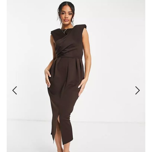 ASOS DESIGN Tucked Midi Pencil Dress with Shoulder Pads in Chocolate - Picture 1 of 6
